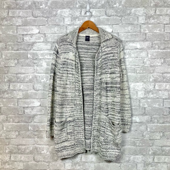 Gap Open Front Knit Cardigan Sweater Notch Neck Collar Pockets Large White Black - Picture 4 of 10